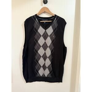 Tommy Hilfiger Sweater Vest Mens XL Black Gray Argyle V Neck Pullover Classic